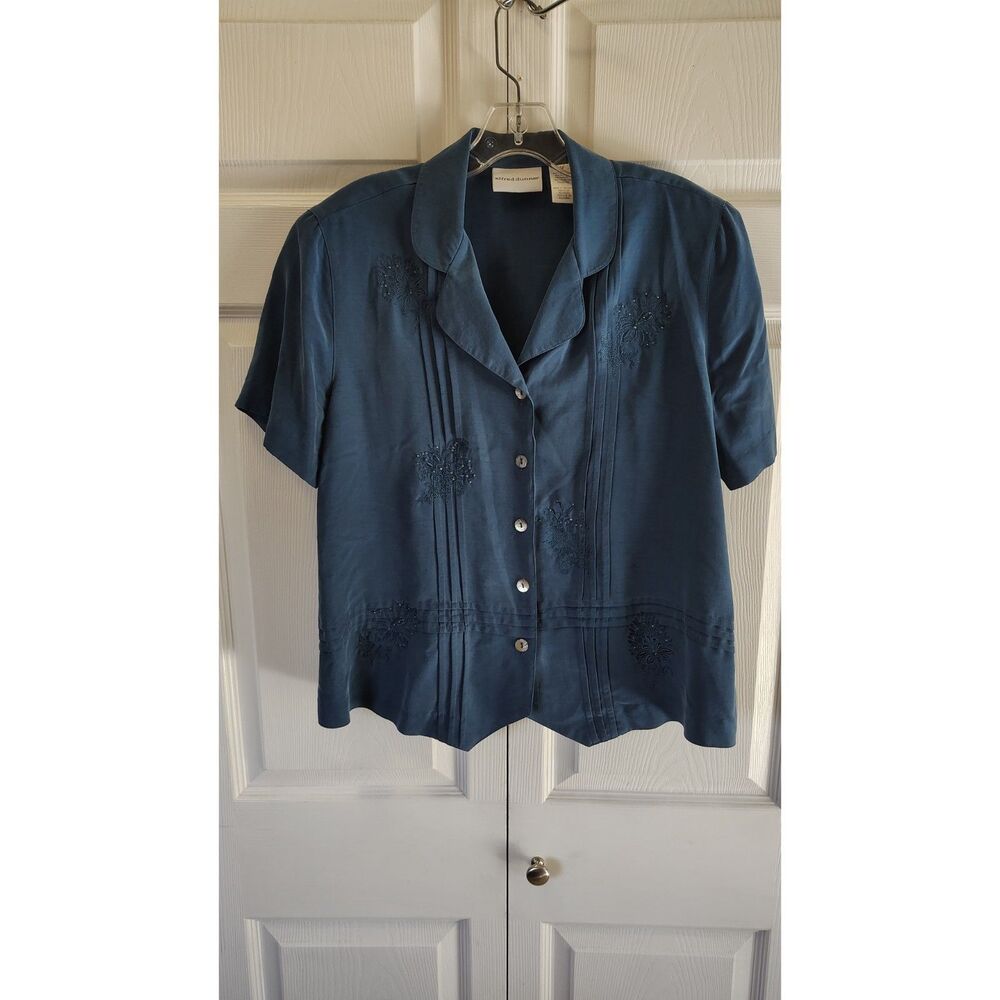 Alfred Dunner Teal Blue Embroidered & Pintuck Short-Sleeve Blouse 12